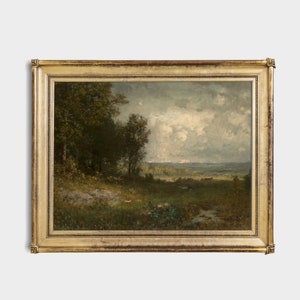 May include: A framed landscape painting depicting a rural scene with a forest in the foreground and a distant valley under a cloudy sky.