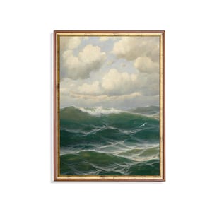 Stürmische See Vintage Ozean Kunstdruck - Dramatische Küstenwelle Wanddekor, Nautische Maritime Landschaft Druck, Möwen Fliegen Über Meer Gemälde