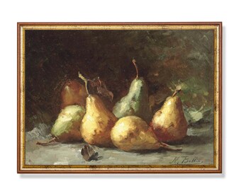 Vintage Still Life with Pears | Antique Fruits Painting | Moody Rustic Fine Print | Digital Download | Printable Wall Art | Farmhouse Decor