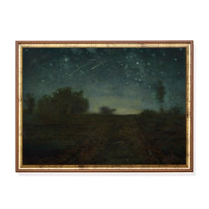 Night Sky Landscape Art Print – Shooting Stars Over Twilight Horizon with Trees and Dark Fields in Dreamy Nocturne Romantic Style - Vintage