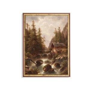 Vintage Mountain Mill Painting: Rustic Landscape Art Print