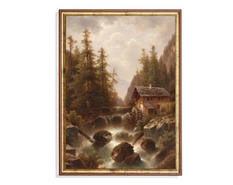 Vintage schilderij bergmolen: rustieke landschapskunstafdruk