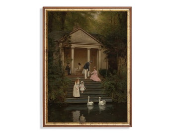 Vintage schilderij Voedende zwanen: humeurige Victoriaanse kunstafdruk