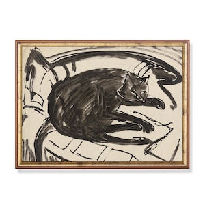 モダンな黒猫のインク画 - ヴィンテージ表現主義の動物アートプリント、ソファに座るモノクロの抽象的な猫、ミニマリストの壁装飾