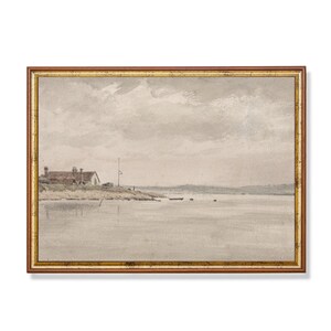 Muted Tonal Coastal Landscape Painting | Antique Wall Art | Digital Downloadable Printable Art | Vintage Seascape Painting | Ocean Beach