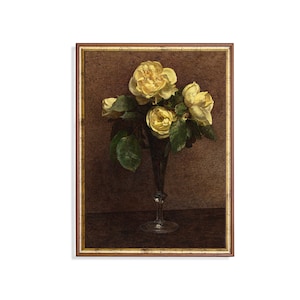Vintage Yellow Roses Print: Antique Still Life Floral Painting
