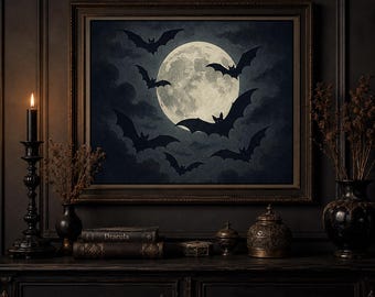 Gothic Bat Full Moon Print, Dark Halloween Wall Art (Digital Download)