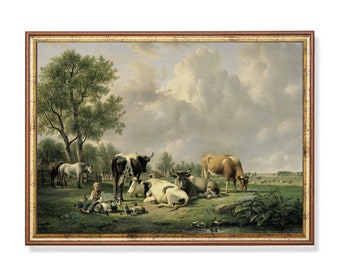 Vintage Farmhouse Print: Animals in Meadow, Country Landscape