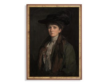 Retrato de mujer vintage pintado: Dama con sombrero, impresión artística.