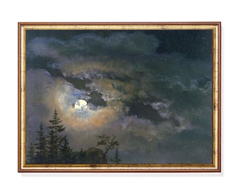 May include: An oil painting of a moonlit night scene, framed in a gold-toned wooden frame. The artwork depicts a bright full moon shining through dark, dramatic clouds, with silhouetted trees in the foreground. The color palette is dominated by blues, grays, and golds.