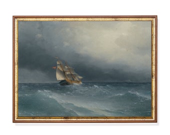 Antique Sailboat Painting: Moody Seascape Nautical Wall Art Print