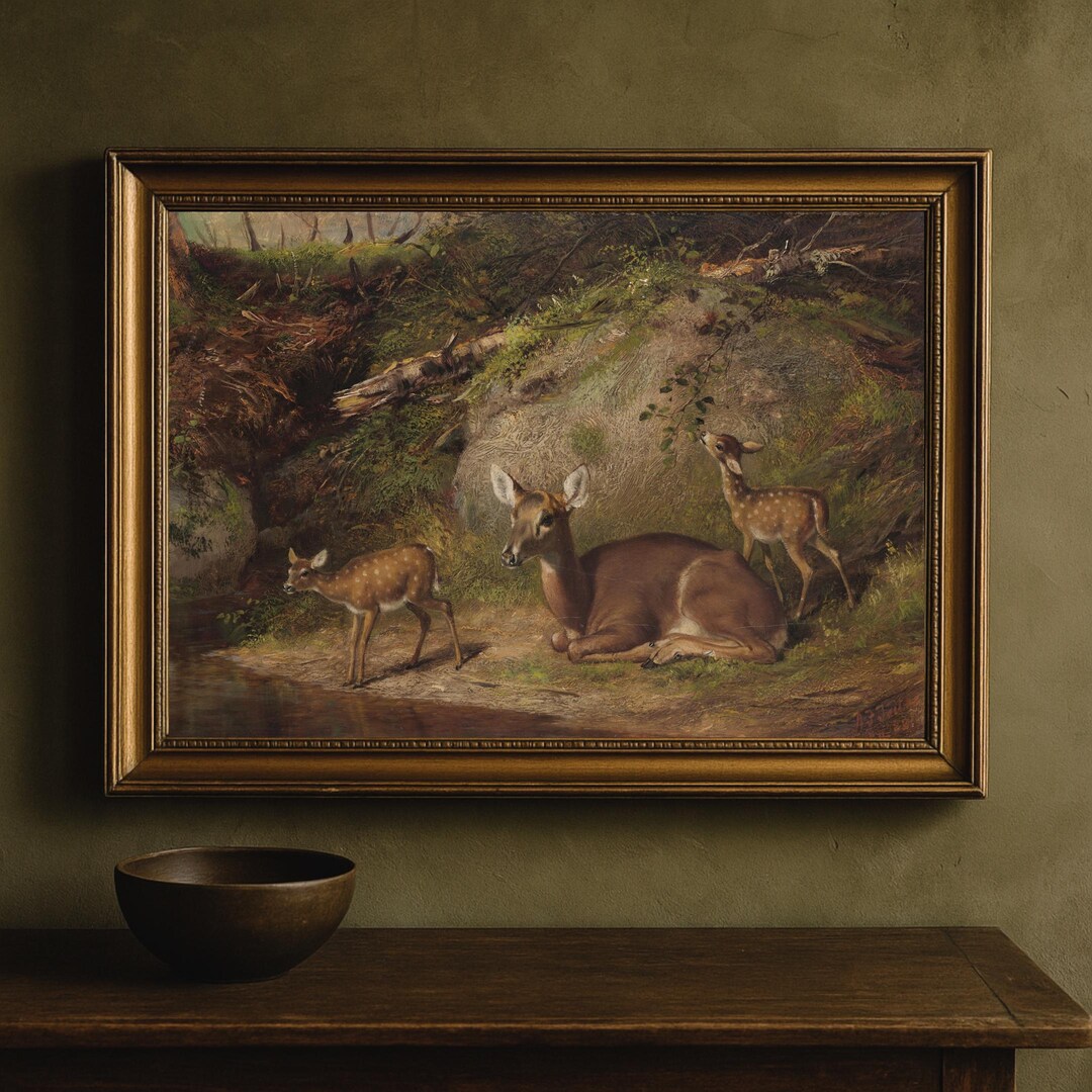Vintage Deer Family Painting: Rustic Farmhouse Animal Print - Etsy