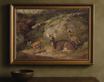 Vintage Deer Family Painting: Rustic Farmhouse Animal Print