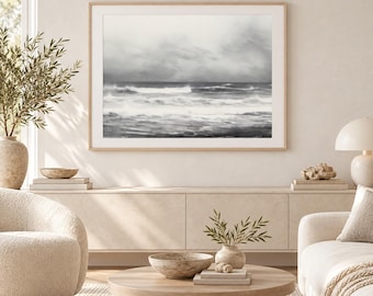 Moody Ocean Wave Wall Art Print, Neutral Coastal Seascape, Gray Abstract Beach Decor