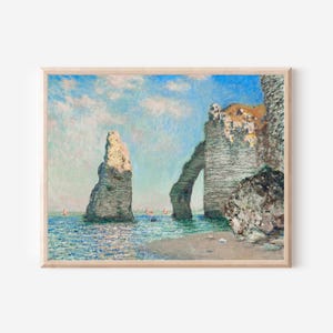 Stampa di Claude Monet con paesaggio marino sulla scogliera – Dipinto di Étretat con faraglione e arco, decorazione da parete vintage con paesaggio oceanico impressionista francese