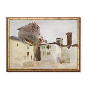 Neutral Villa Watercolor Painting: Vintage Architecture Art Print