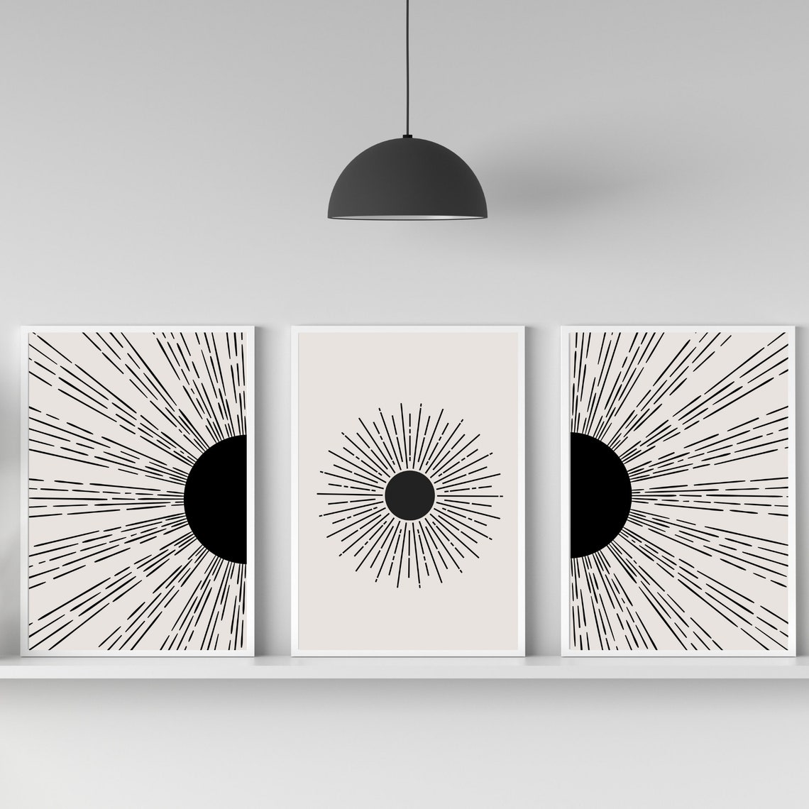 Sun Wall Art Print Set Of 3 Sun Burst Black Sun Rays Art Etsy