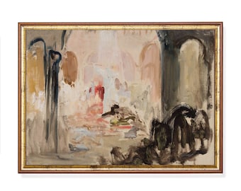 May include: A framed painting depicting a scene with a light pink and white background. The painting features a group of figures in the distance, with a dark blue figure in the foreground. The painting is framed in a brown wood frame with gold accents.
