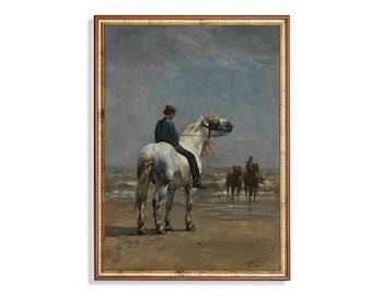 Antique Equestrian Painting: White Horse, Coastal Beach (Digital Download)