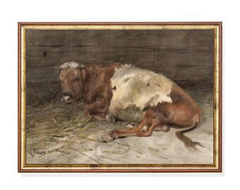 Vintage Stier Gemälde Print: Bauernhaus Tier Wandkunst