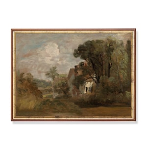 May include: A painting of a cottage in a rural landscape. The cottage is white with a brown roof and is surrounded by trees. The sky is cloudy and the painting is done in a muted palette of browns, greens, and blues.