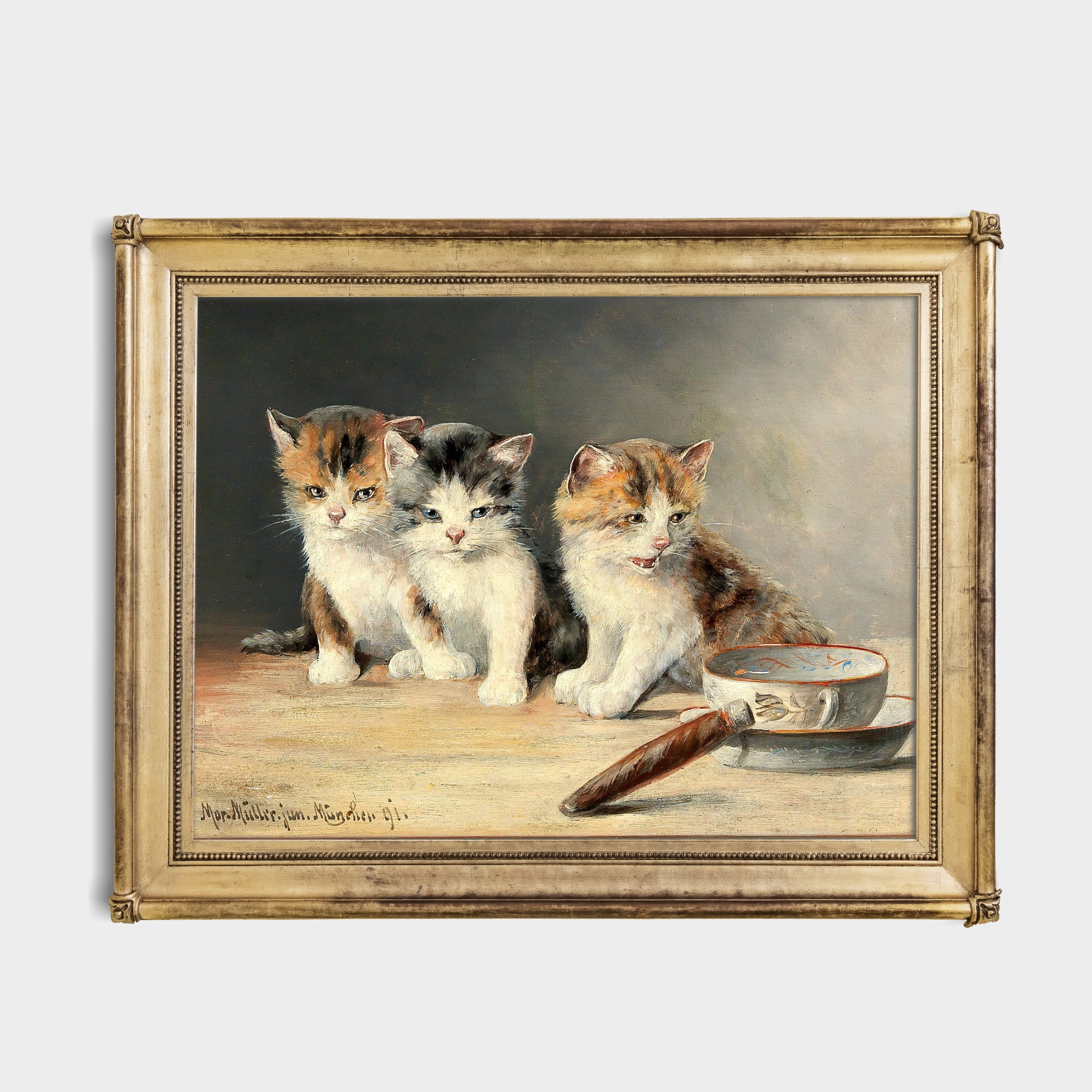 真作保証 19世紀 古画 「3匹の猫」 油彩4号 希少な動物画 真作保証 19世紀 古画 「3匹の猫」 油彩4号 希少な