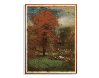 May include: A framed landscape painting featuring a large tree with vibrant red foliage. The artwork depicts a serene outdoor scene with a green grassy area, other trees, and a cloudy sky. The frame is a warm brown color.