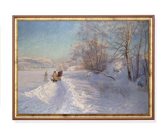 Antiek winterlandschap schilderij | Rustieke besneeuwde scène kunstprint