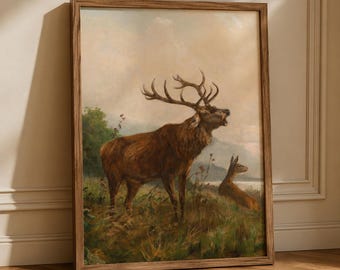 Vintage Deer Painting: Rustic Farmhouse Animal Print (Mailed Print)
