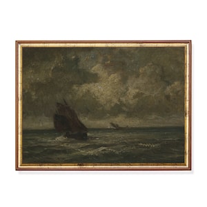 Stämningsfullt oljemålning med segelbåt och havslandskap: Vintage rustik heminredning (digital nedladdning)