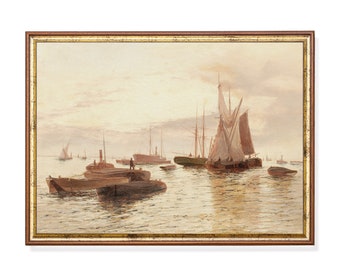 Vintage Sailboat Seascape Print: Muted Coastal Nautical Art