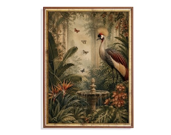 Vintage Tropical Crane Botanical Print, Chinoiserie Garden Art (Digital Download)