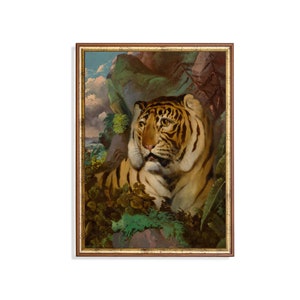 Printed and Shipped | Tiger Portrait Painting | Vintage Animal Print | Moody Rustic Wall Decor | Farmhouse Decor | Antique Art