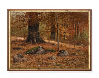 Vintage Autumn Landscape Painting: Rustic Farmhouse Art Print