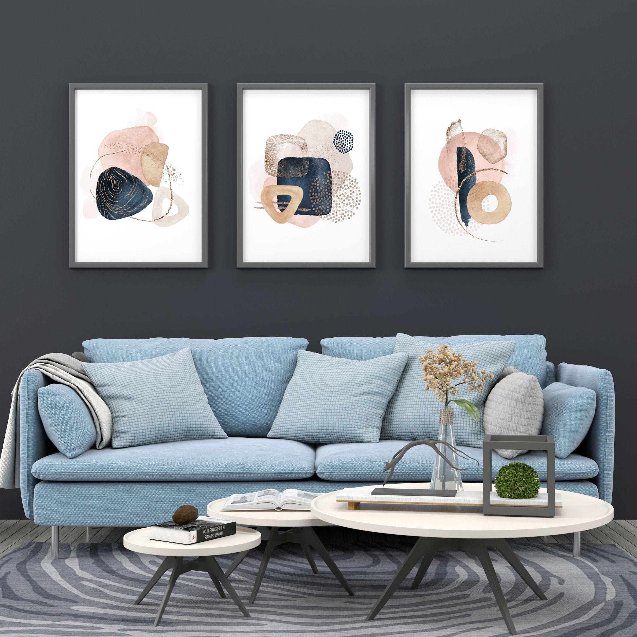 3 Piece Wall Art Navy Blue Blush Pink Beige Art Set of 3 Boho Etsy