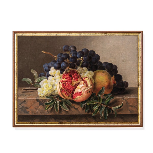 Vintage Still Life with Pomegranate and Grapes | Antique Fruits Painting | Digital Download | Printable Wall Art | Moody Rustic Print