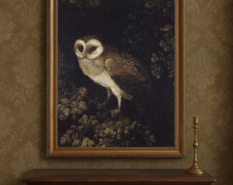 Vintage Owl Painting | Antique Dark Academia | Moody Rustic Bird Print | Digital Download | Printable Wall Art | Vertical Fine Art Print