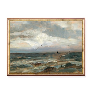 Seascape Painting | Coastal Decor | Vintage Wall Art | Printable Art | Ocean Moody Rustic Print | Digital Download | Antique Oil Painting