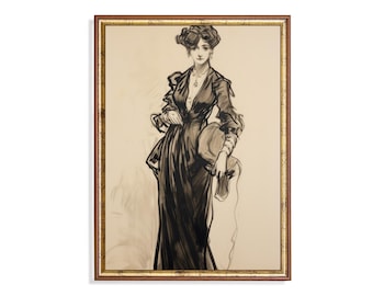 Vintage Edwardian Woman Fashion Illustration Print, Black Ink Sketch