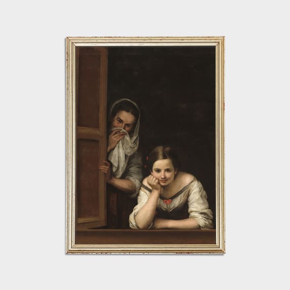 ムリーリョの絵画版画：窓辺の二人の女性、スペインの巨匠たちの作品