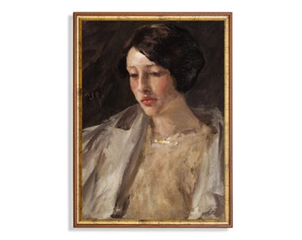 Vintage Woman Portrait Print: Antique Oil Painting Reproduction