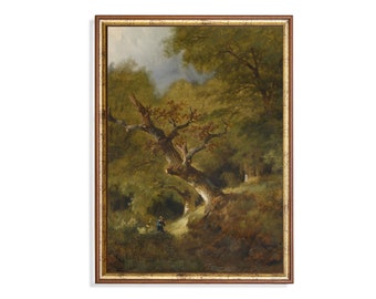 Vintage Forest Landscape Painting: Moody Rustic Farmhouse Art Print