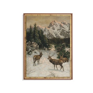 Dipinto di cervo d&#39;epoca: stampa artistica di paesaggio invernale antico