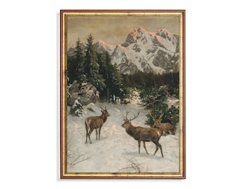 Cuadro de ciervo vintage: Impresión artística de paisaje invernal antiguo