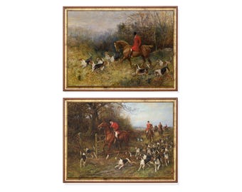 Vintage Fox Hunt Print Set of 2, Equestrian Wall Art, English Hunting Scene Decor, Horse and Hound Art Prints