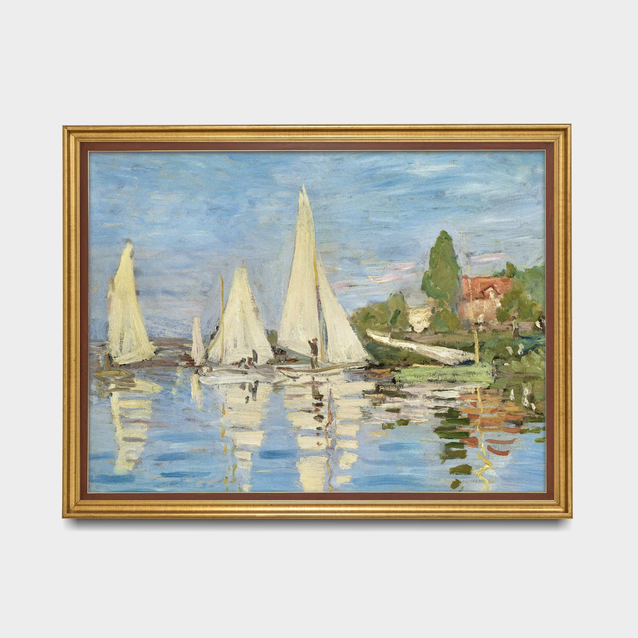 モネの帆船の絵画プリント：印象派の川の風景、海岸の壁掛けアート