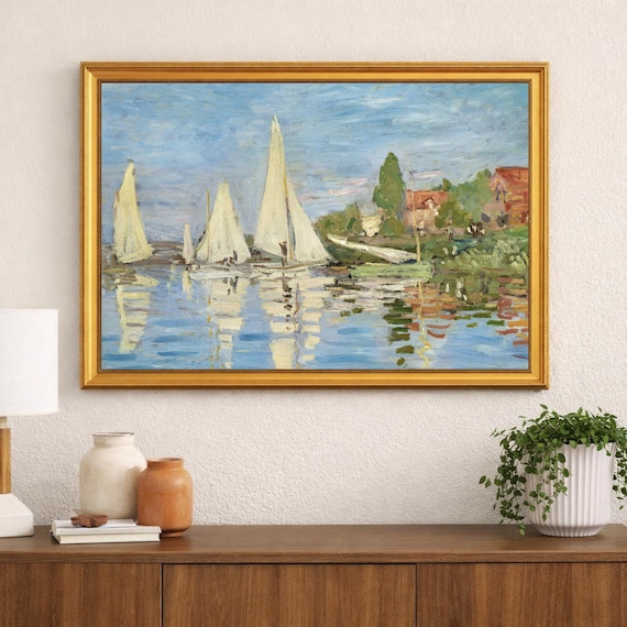 手作りの帆船 壁掛けアート モネの帆船の絵画プリント：印象派の川の風景、海岸の壁掛けアート