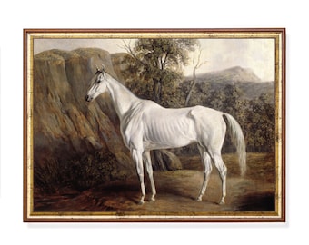 Vintage White Horse Painting | Moody Equine Art, Farmhouse Decor (Digital Download)
