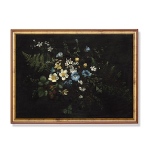 Printed and Shipped | Vintage Still Life with Flowers and Ferns | Antique Floral Painting | Oil Painting Print | Moody Dark Academia