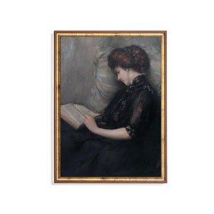 Vintage Woman Reading Book Print: Moody Antique Portrait Art